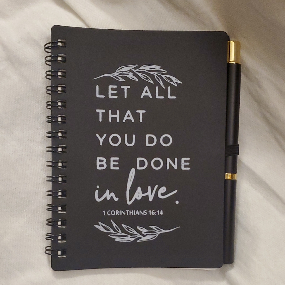 Black Spiral Notebook with Inspirational Quote 1 Corinthians 16:14